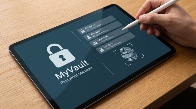 Hand selecting encrypted account entries on password manager tablet screen with displays multiple encrypted options tablet device account management with digital security