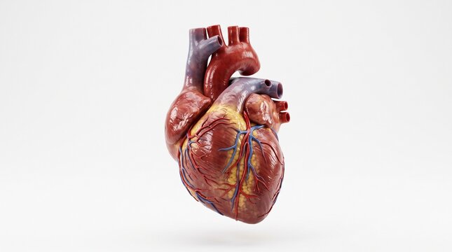 Detailed 3d anatomical model of a human heart with visible internal blood vessels against white background with vascular network three dimensional detail