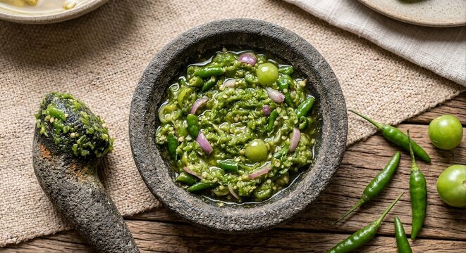 Authentic Indonesian Sambal Hijau - Freshly Ground Green Chili Paste with Green Tomatoes and Shallots in Stone Mortar