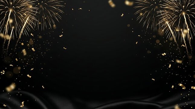 Golden fireworks and confetti border on black satin background for elegant luxury event