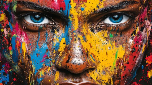 Vibrant abstract expression on african male face with bright paint splatters