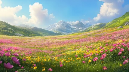 Obraz premium Vibrant meadow with blooming wildflowers and majestic mountain view under blue sky