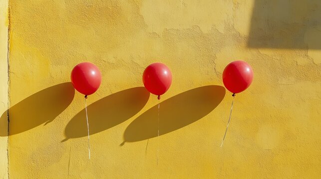 Three red balloons casting shadows on a vibrant yellow wall