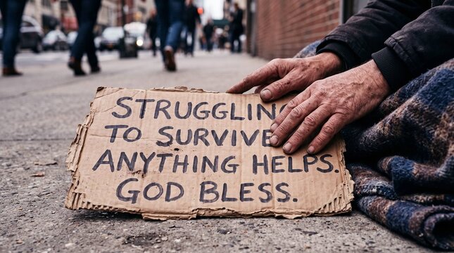 Close up of hands holding cardboard sign reading struggling to survive anything helps