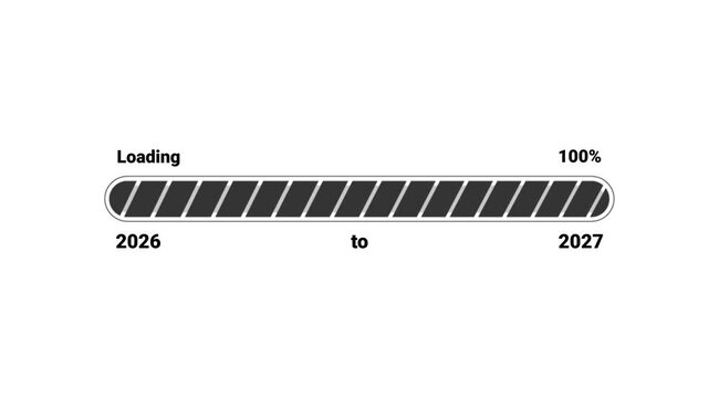 2026 to 2027 New Year Transition Loading Progress Bar Animation with 0 to 100 Percent on White Background