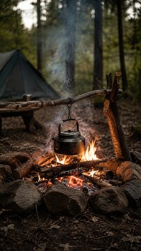Black kettle hanging over a glowing campfire at a forest campsite with a tent in the background