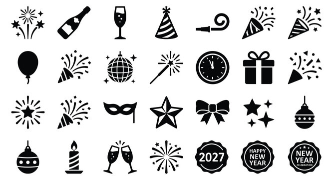 New Year 2027 Party Celebration Silhouette Icon Set