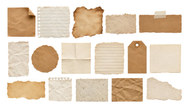 Collection of 15 vintage paper scraps and blank note pieces featuring torn kraft, parchment, notebook, and handmade paper elements isolated on a clean white background.
