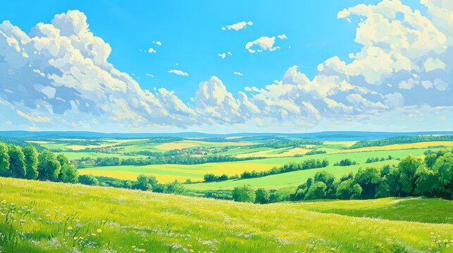 Vibrant green landscape with rolling hills and fluffy clouds under bright blue sky