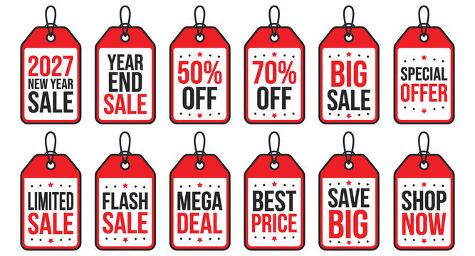 New Year 2027 and Year End Big Sale Red Price Tag Vector Set