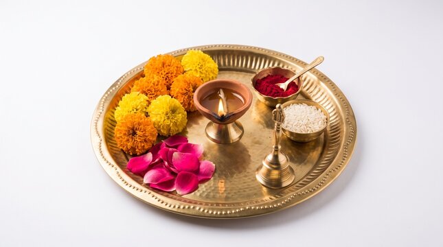 Top-view brass puja thali with diya, marigolds, rose petals, kumkum and rice on white, traditional Hindu worship arrangement for Diwali and festive ritual designs.