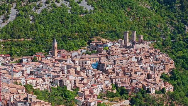 Aerial view of Pacentro medieval village and Caldora Castle in Abruzzo