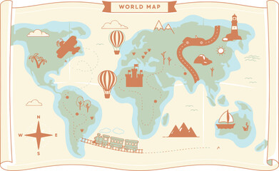 Naklejka premium World map illustration with vintage travel icons and landscape landmarks navigation illustration geography cartography