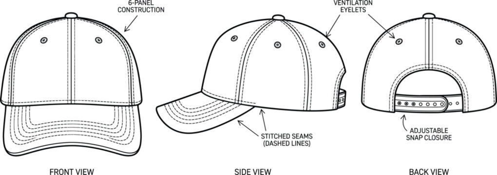 Baseball Cap Technical Fashion Vector Illustration Blueprint Template with Front Side and Back Views for Apparel 
