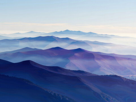 Layered mountain ranges shrouded in morning mist