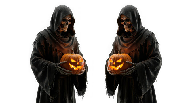 Two grim reapers in black robes holding glowing carved halloween pumpkins isolated on transparent background