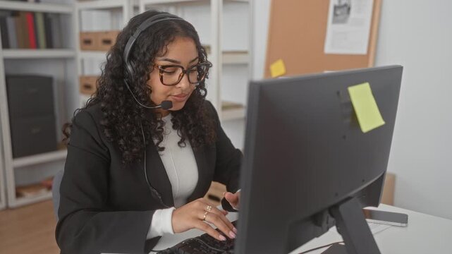 Woman call center agent typing on computer with headset and glasses in office building, at desk with monitor and keyboard; calm focus.