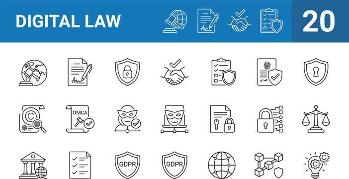 Digital Law and Cyber Security Icon Set with GDPR Protection Copyright DMCA Regulations Legal Justice Policy Compliance 