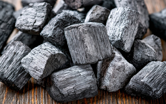 Close up view of pile of natural wood charcoal lumps