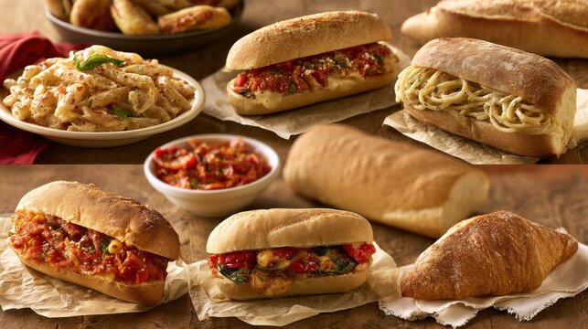 Assortment of italian inspired sandwiches and pasta with tomato salad