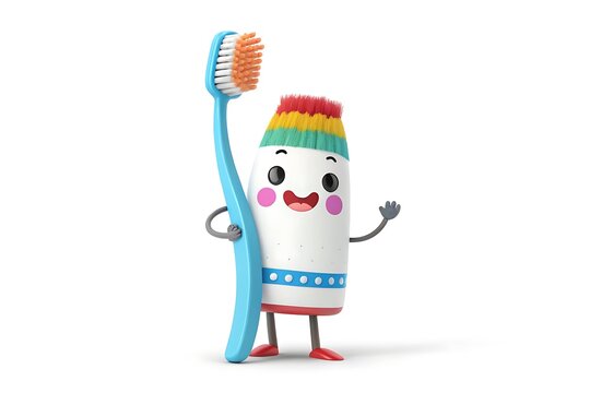 Cartoon toothpaste tube character holding a blue toothbrush