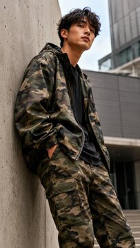 Young man in matching camo jacket and cargo pants leaning against a concrete wall in an urban streetwear setting