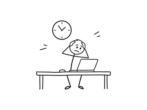 Stressed stick figure sitting at desk with laptop under wall clock isolated on transparent background. Depicting deadline pressure, time management struggle, late work, and procrastination.