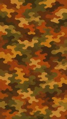 Fototapeta premium Autumn camouflage pattern in warm greens, browns, oranges and tans with organic blotches and a repeating textile-style texture