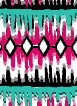 Abstract Ikat Aztec Geometric Seamless Pattern with Vibrant Pink and Teal