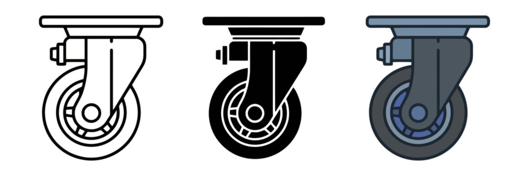 Vector illustrations of industrial caster wheels in three different styles.