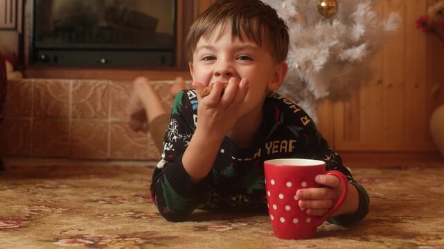 Small boy smiling drinking milk with cookies on Christmas Eve in cozy house 