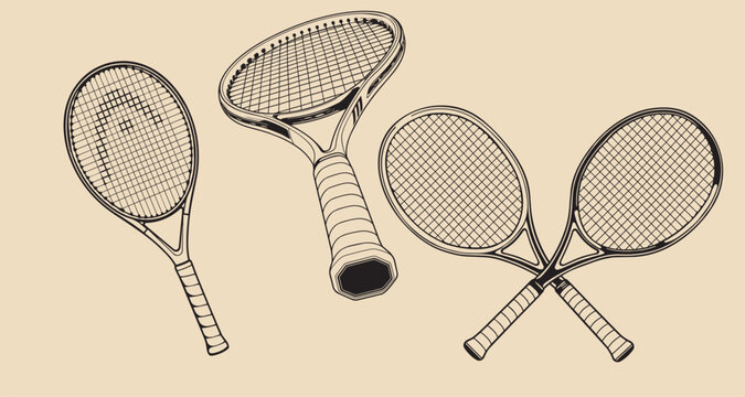 Hand drawn collection of tennis rackets in different angles and positions, including crossed rackets. Vintage vector illustration for sports, tennis club, tournament and active lifestyle designs.