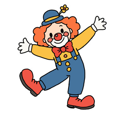 Cheerful Cartoon Clown with Outstretched Arms. Colorful hand-drawn cartoon clown with red hair, blue hat, red bow tie and oversized shoes, standing with arms outstretched in a playful pose on a white.