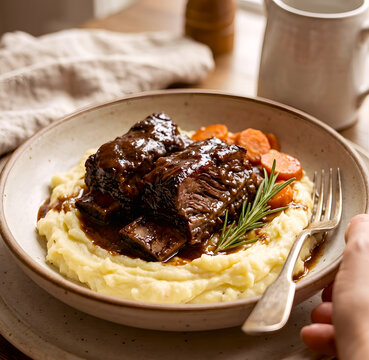 Tender Braised Beef Short Ribs on Creamy Mashed Potatoes with Rosemary and Carrots, Premium Commercial Gourmet Food Photography Banner with Copy Space for Restaurant Advertising Menu, 45 Degree Angle 
