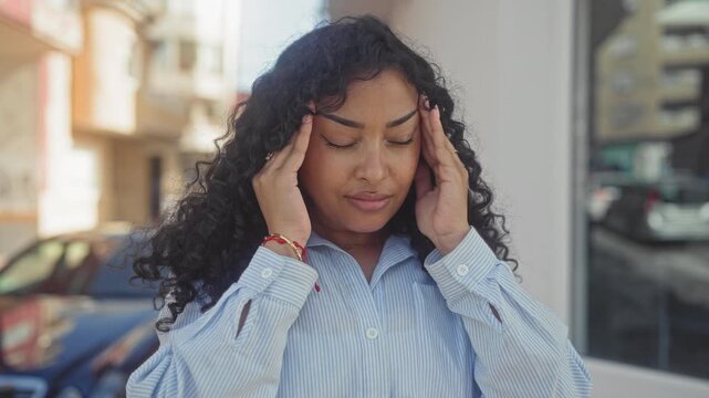 Woman pressing temples with hands, eyes closed, standing on a street beside parked cars and a storefront window; stress headache.