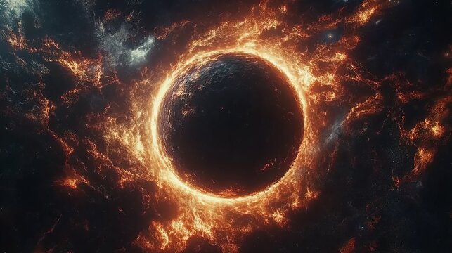 Fiery black hole with glowing plasma ring in deep space