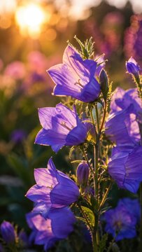 Purple bellflowers glowing in golden hour sunlight with soft bokeh background, close-up vertical floral portrait