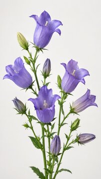 Tall purple campanula bellflowers with buds and green stems arranged against a plain white background