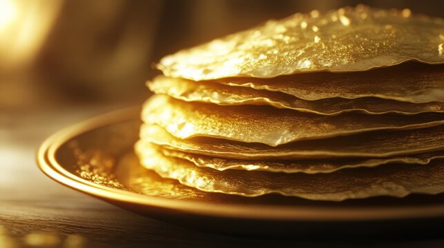 Golden stack of fluffy pancakes glowing in warm morning light