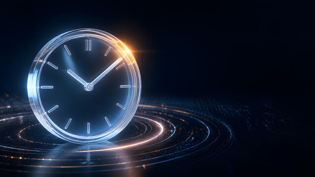glowing glass clock timepiece digital deadline time management legal schedule technology background countdown urgency justice