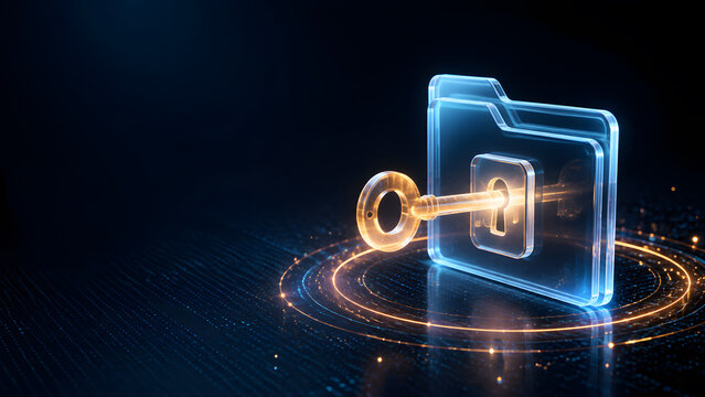 glowing folder key security digital access privacy protection file confidential legal document technology background gold