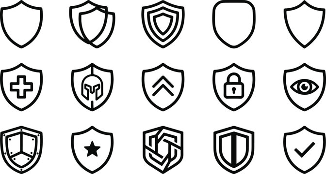 A collection of fifteen minimalist shield icons representing security protection safety and defense in a simple line style