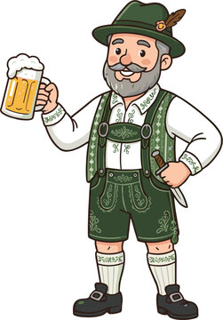 Smiling Bavarian man in traditional lederhosen holding a beer mug for Oktoberfest festival vector illustration