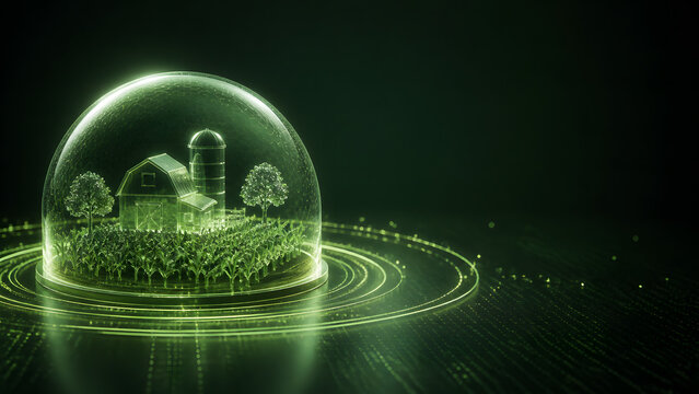 Glass dome covering green farm barn and field symbolizing agriculture crop insurance protection and rural security