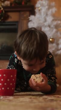 Joyful child drinking milk with cookies on Christmas Eve in cozy house 