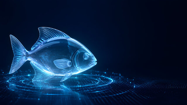 Transparent glass fish glowing blue with fine fins on dark background with soft light ripple