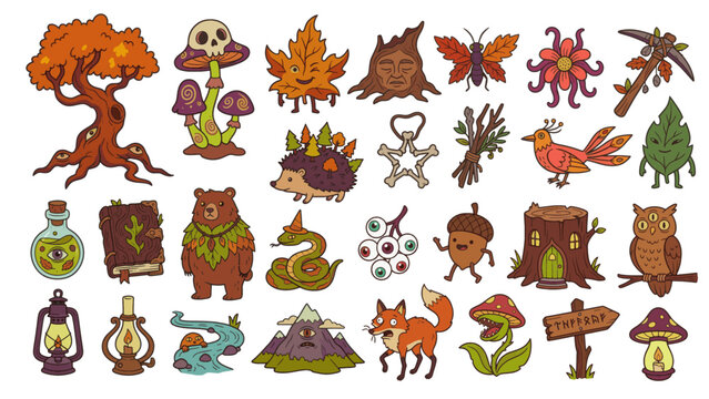 A set of vector icons celebrating Autumn in a fun, quirky style. Features characters, fallen leaves, animals, leaves, mushrooms, pumpkins and acorns. Hello Autumn.