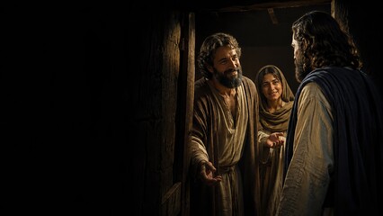 Obraz premium Jesus christ talking with happy man and woman at doorway of ancient house. Biblical scene of welcoming the light of the world. Faith, hospitality and gospel story from the bible with copy space