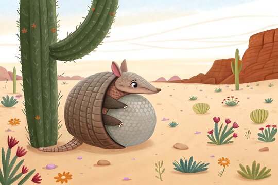 Cartoon armadillo rolling in a desert landscape with cactus