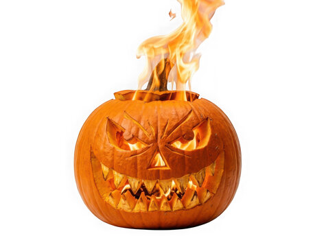 Scary carved jackolantern pumpkin with glowing fire flames inside isolated on transparent background